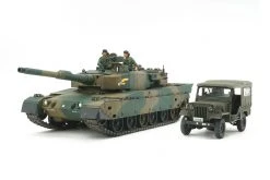 25186 | Tamiya 1/35 Japanese JGSDF Type 90 Tank W/ Type 73 Light Truck Scaled Plastic Model Kit