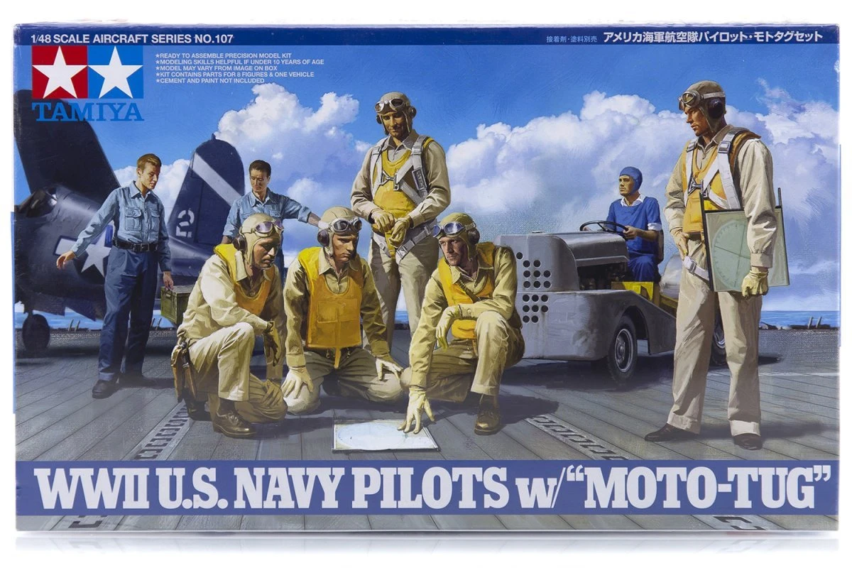 61107 | Tamiya 1/48 U.S. WWII Navy Pilot Set W/ Moto-Tug Scaled Plastic Model Kit 3 61107 | Tamiya 1/48 U.S. WWII Navy Pilot Set W/ Moto-Tug Scaled Plastic Model Kit